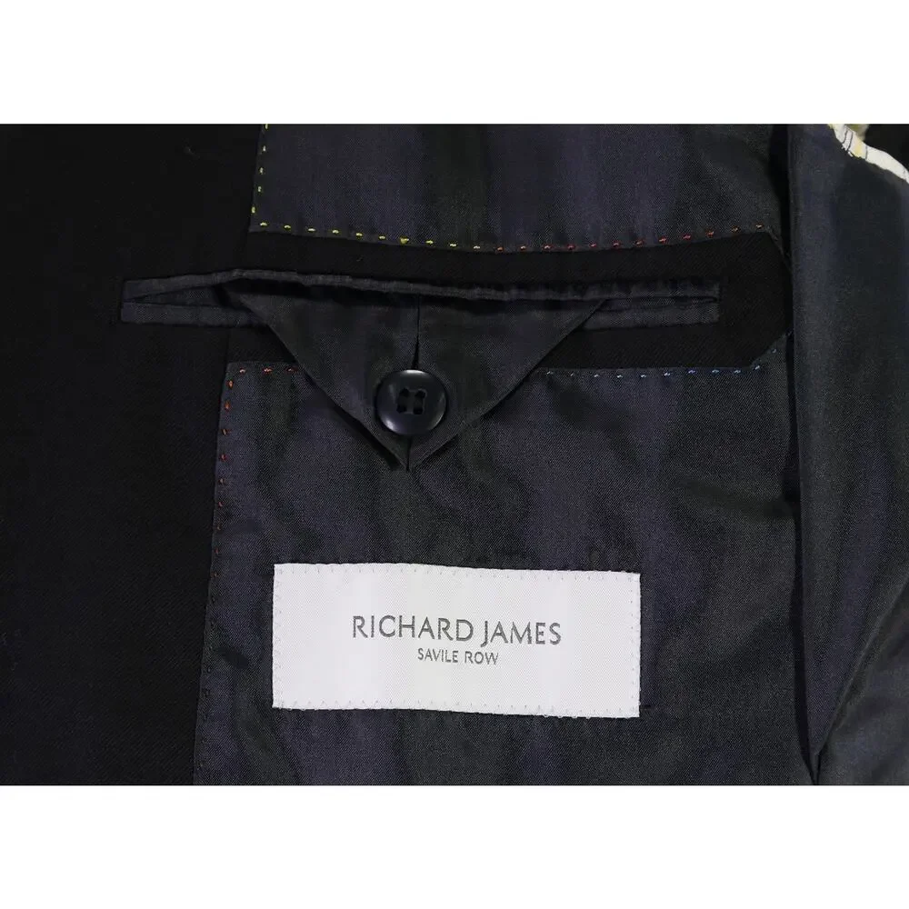 Richard James Savile Row Solid Black 2-Btn Modern Fit Wool Suit 36S